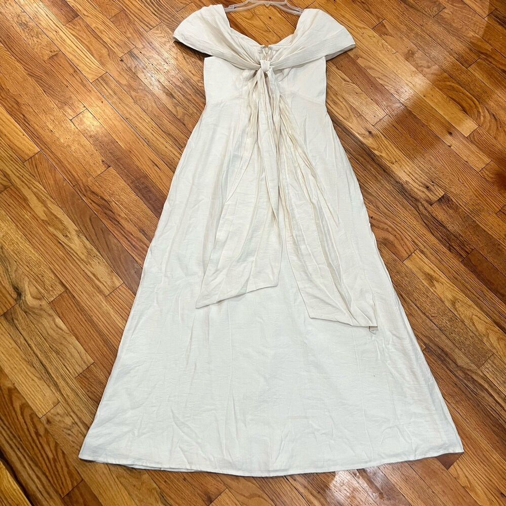 Here Comes The Sun Dress Women  S Cream Off Shoulder Tie Front  Maxi Linen Look